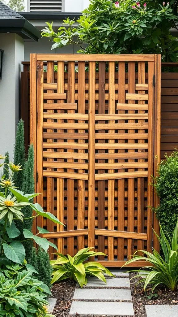 A wooden outdoor privacy screen surrounded by greenery.