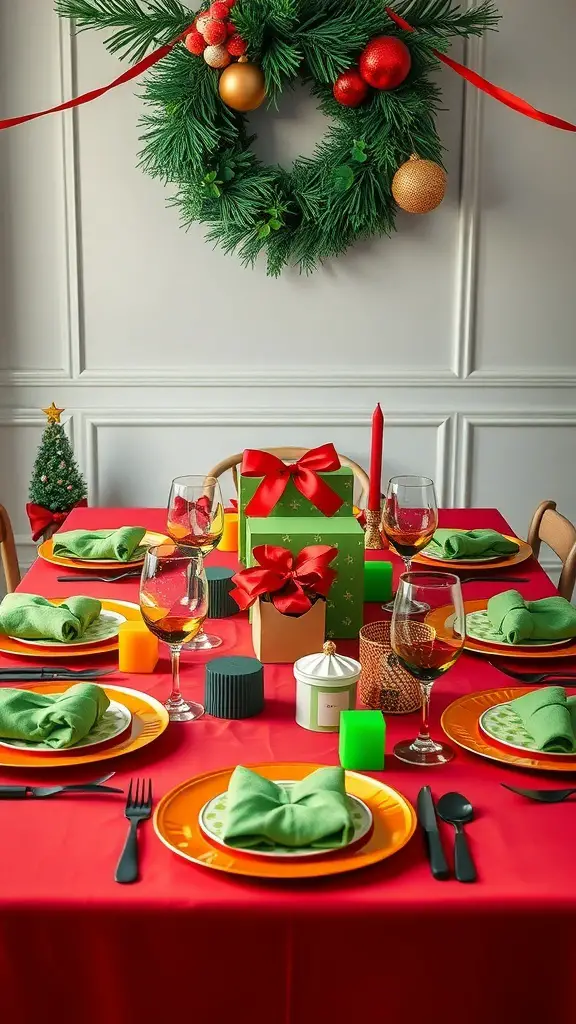 19+ Adorable Grinch Baby Shower Ideas You’ll Love 2 A festive table setting with a red tablecloth, green napkins, and holiday decorations for a Grinch-themed baby shower.