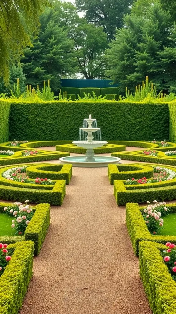 27+ Stunning English Garden Landscaping Ideas You’ll Love 12 A formal garden layout featuring a central fountain, trimmed hedges, and colorful flower beds.