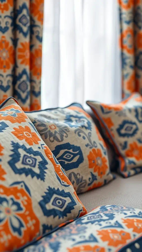 Textiles in blue and orange patterns in a living room setting