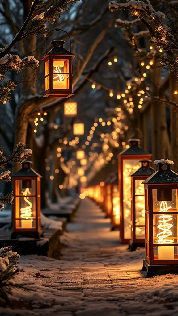A snowy pathway lined with glowing winter lanterns, creating a warm and inviting atmosphere.