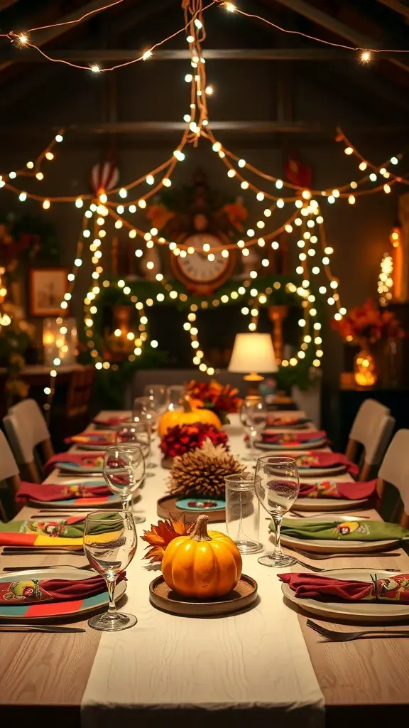 A Thanksgiving table decorated with fairy lights, colorful plates, and seasonal centerpieces.