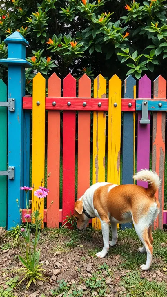 A colorful wooden fence with a dog sniffing the ground and flowers in front.