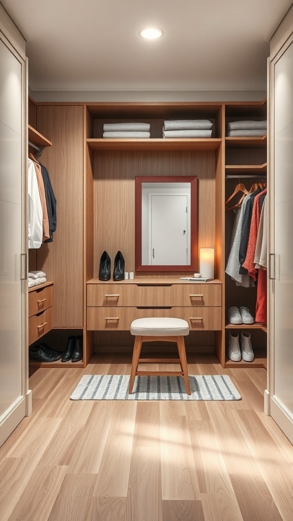 25+ Stylish Closet Ideas Featuring Dressers Inside 20 Cozy dressing area with a wooden dresser, mirror, and stool.