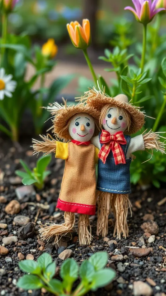 Two miniature scarecrow figurines with straw hats and colorful outfits, surrounded by flowers.
