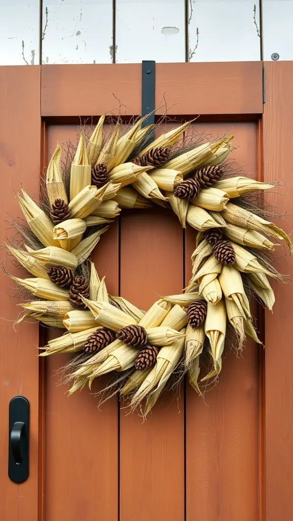 25+ Creative DIY Fall Wreath Ideas to Brighten Your Home 7 A corn husk and pinecone wreath hanging on a wooden door.