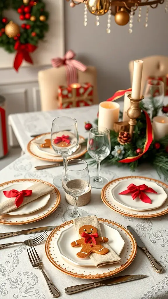 31+ Creative Gingerbread Christmas Decor Ideas You’ll Love 12 A festive gingerbread-themed table setting with plates, napkins, and decorations.