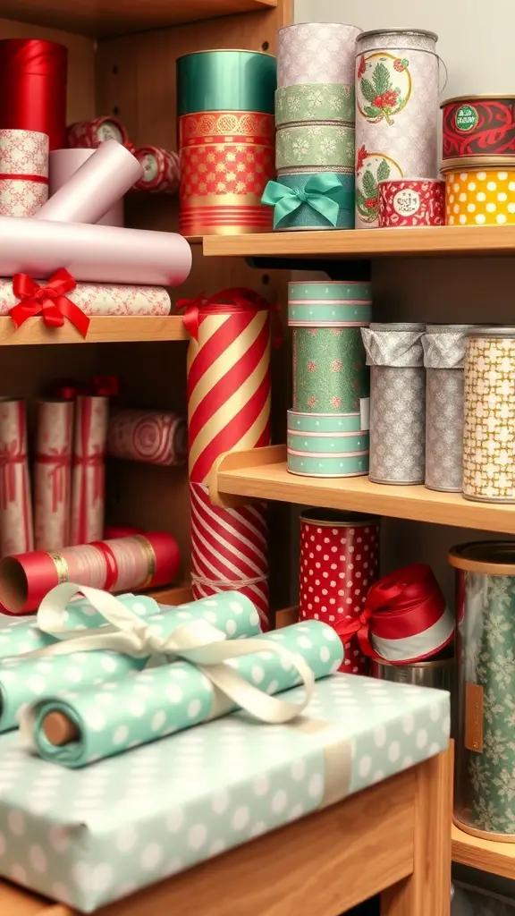 Organized ribbon storage for gift wrapping, featuring colorful rolls and spools on shelves.