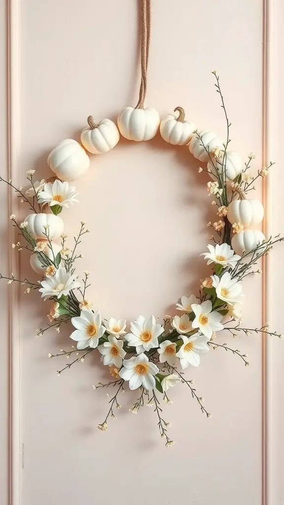 A white pumpkin wreath with small white pumpkins and white flowers on a light background.