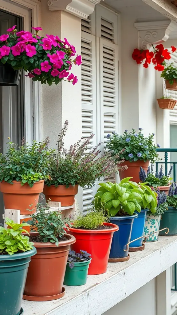29+ Inspiring Small Urban Garden Design Ideas You’ll Love 6 A colorful display of potted plants on a balcony, featuring various flowers and greenery.