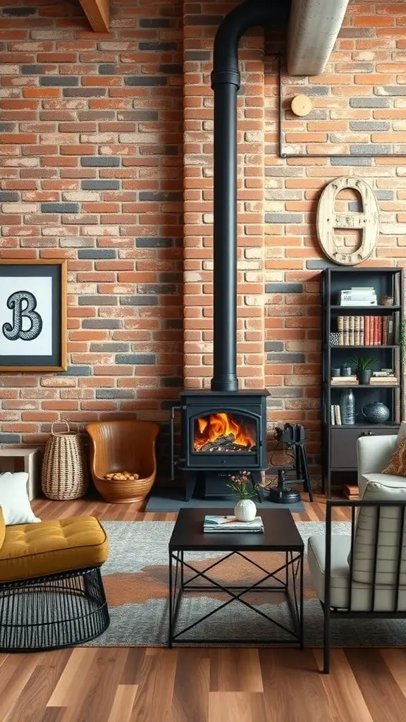31+ Inspiring Wood Burning Stove Living Room Ideas 7 A cozy living room featuring an industrial style with exposed brick walls and a wood-burning stove.