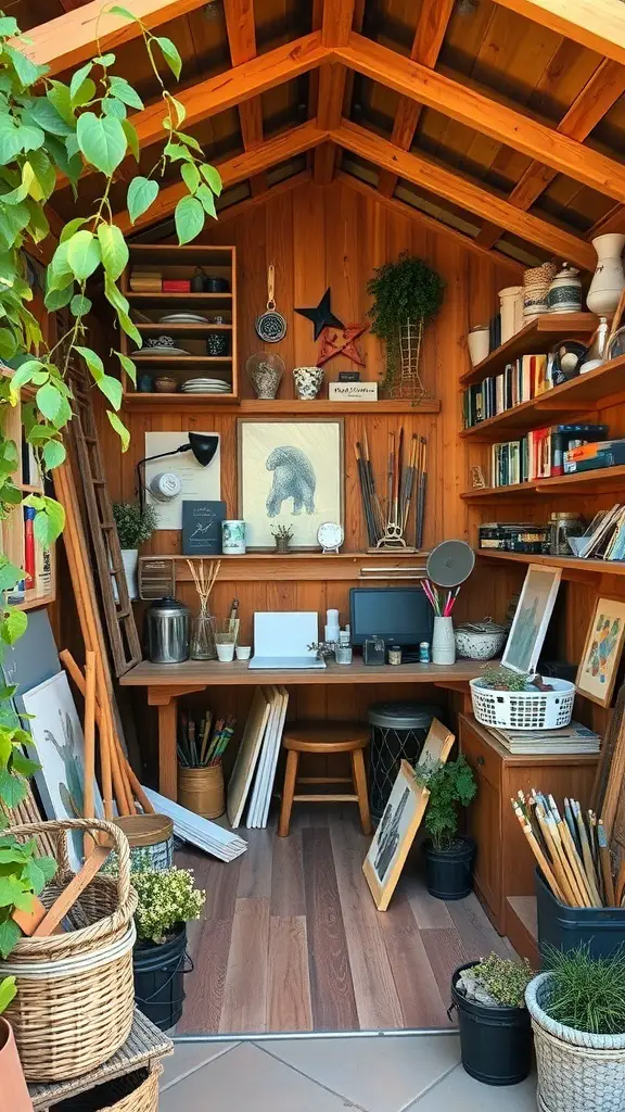 A cozy garden cabin filled with art supplies, books, and plants, creating a perfect space for hobbies.