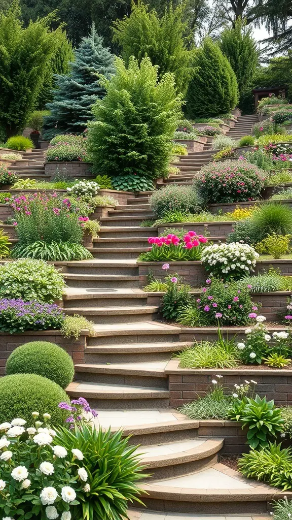 A terraced garden with colorful flowers and greenery on multiple levels.