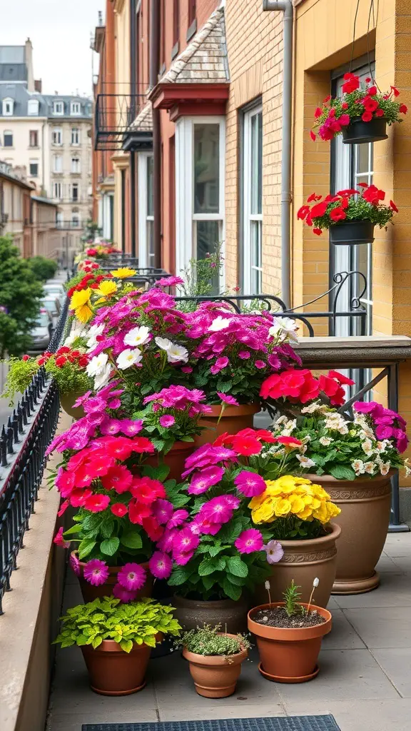 A vibrant display of colorful flowers in various containers on a townhouse balcony.