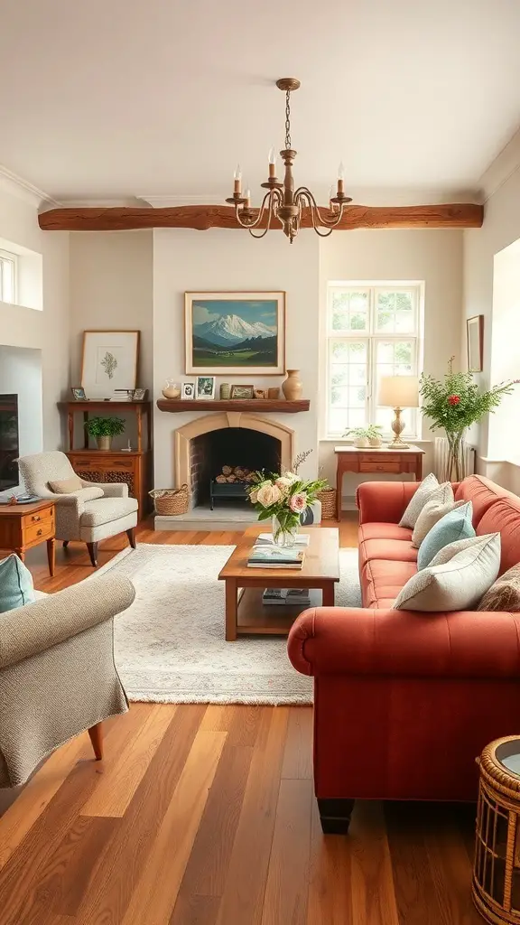 27+ Cozy English Countryside Living Room Ideas to Inspire Your Décor 10 A cozy English countryside living room with a red sofa, wooden beams, and natural light.