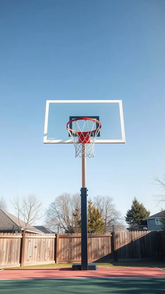 25+ Inspiring Backyard Basketball Court Ideas 2 A basketball hoop in a backyard with a clear sky