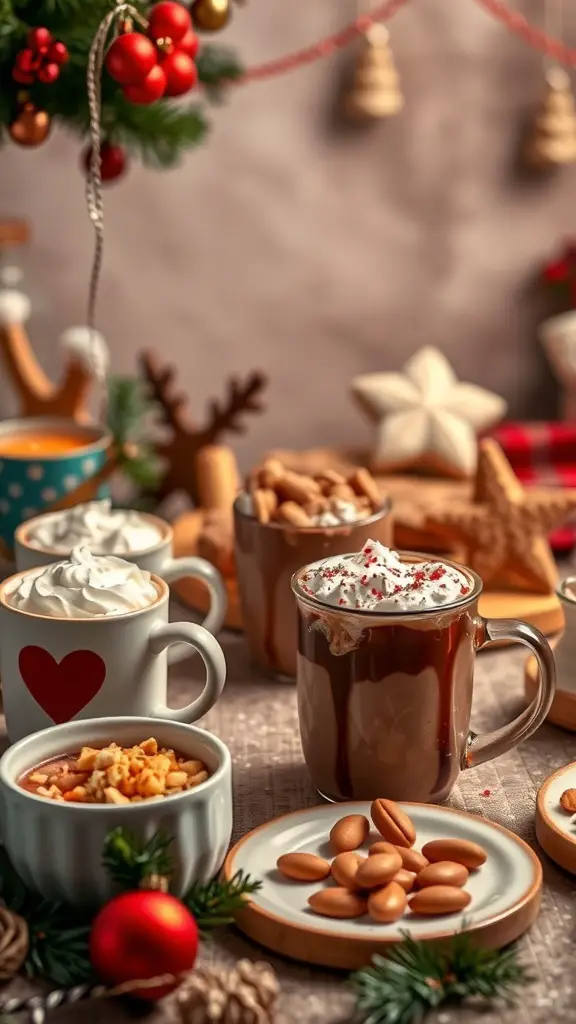 A beautifully arranged hot chocolate bar with various mugs of hot chocolate, toppings, and festive decorations.