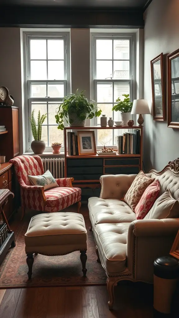 19+ Stunning Vintage Maximalism Decor Ideas to Transform Your Space 14 A cozy room featuring a vintage sofa, patterned armchair, and a wooden bookshelf with plants by the windows.