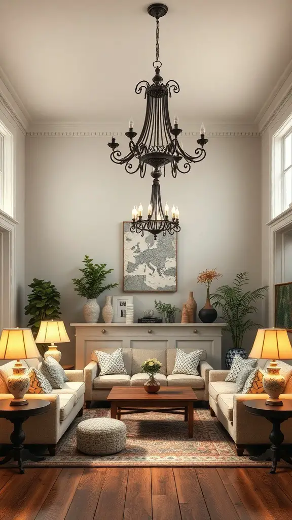 27+ Vintage Farmhouse Living Room Ideas for Cozy Charm 3 A vintage farmhouse living room featuring a chandelier and table lamps.