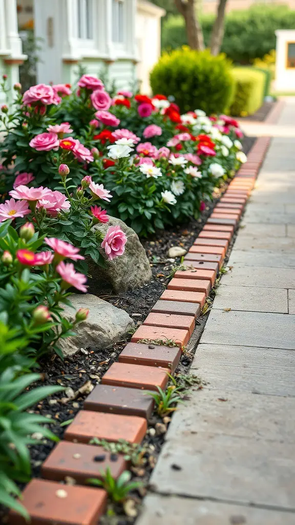 25+ Stunning Sidewalk Landscaping Ideas to Elevate Your Curb Appeal 3 Colorful flowers bordered by decorative red brick edging along a sidewalk.