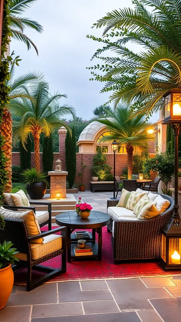 Cozy outdoor seating area with plush chairs, a round table, and vibrant greenery.