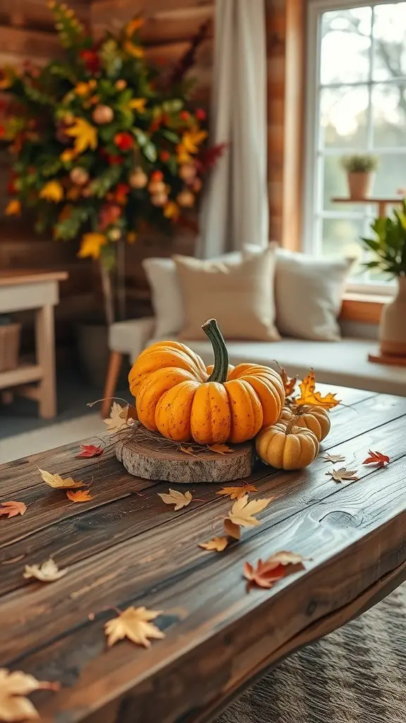 A rustic coffee table decorated with pumpkins and autumn leaves.