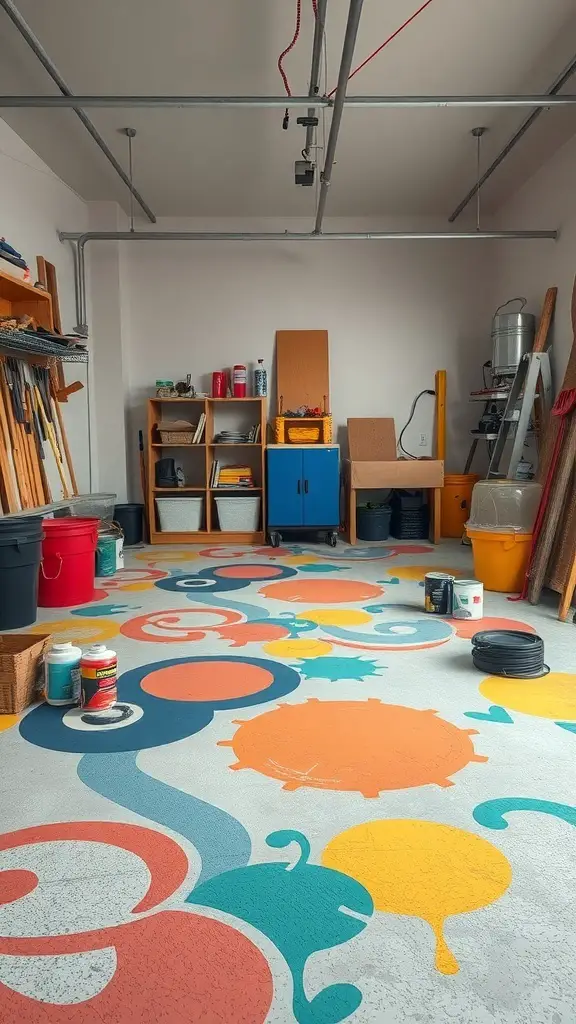 25+ Creative Garage Tile Floor Ideas to Transform Your Space 21 Colorful painted garage floor with abstract designs
