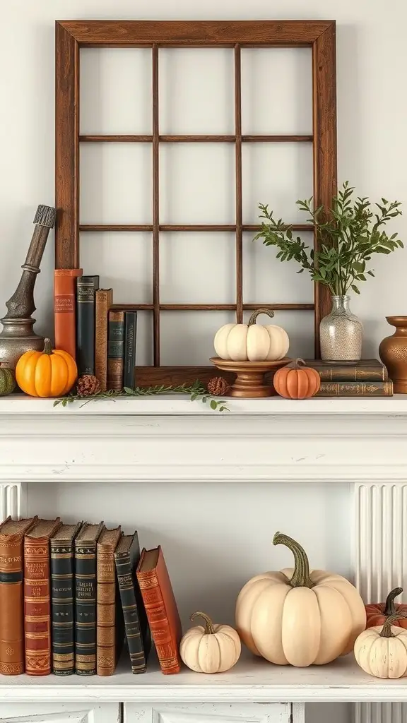 27+ Stunning Fall Mantle Decor Ideas You’ll Love 13 A vintage-inspired fall mantle decor featuring a wooden frame, stacked books, pumpkins, and greenery.
