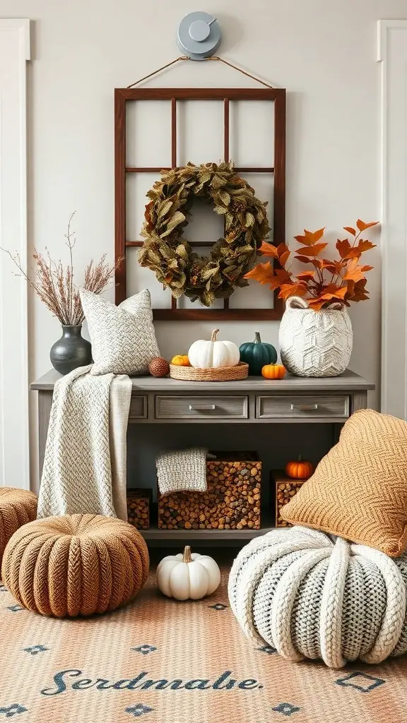 27+ Fall Entry Table Decor Ideas with 7 A cozy fall entry table decorated with layered textures, including throws, pumpkins, and a wreath.