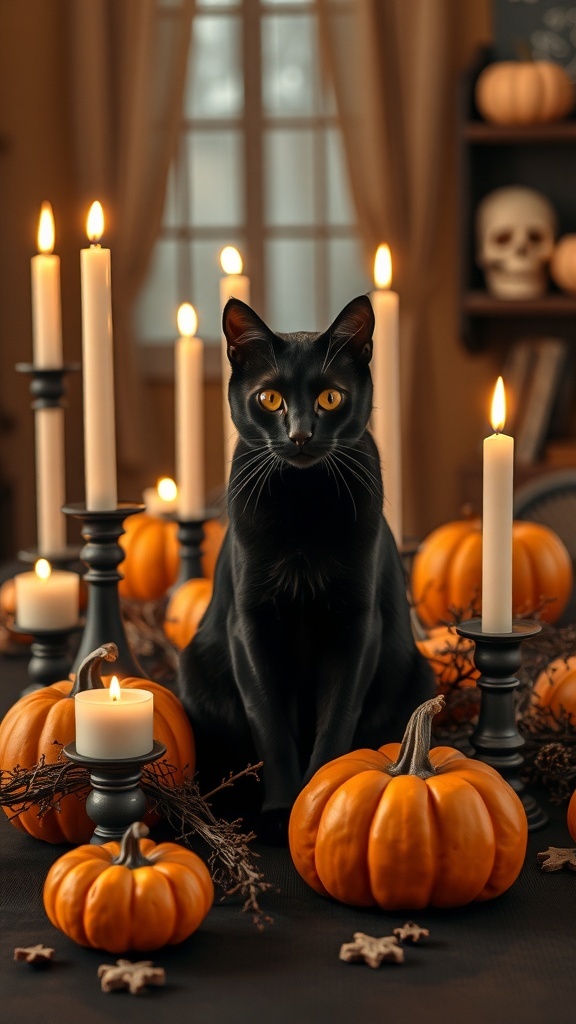 29+ Creative Halloween DIY Decorations to Scare Up Your Home 11 A black cat surrounded by pumpkins and candles, creating a Halloween centerpiece.
