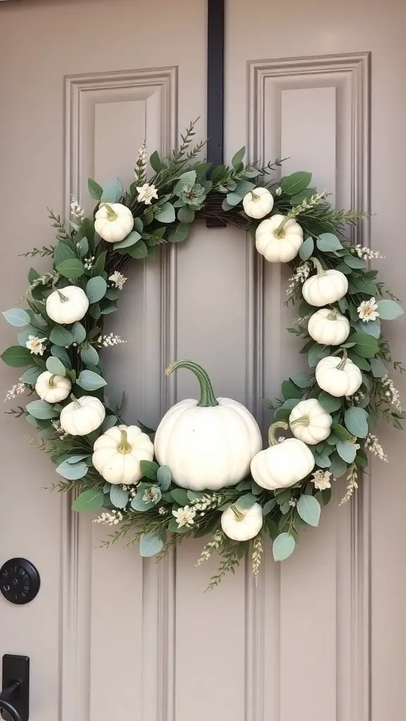 29+ Elegant Fall Wreaths to Enhance Your Home Decor 7 A chic white pumpkin wreath with greenery and flowers on a gray door.