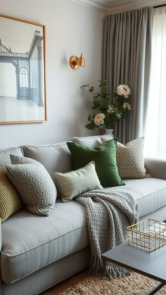 27+ Stunning Grey and Green Living Room Ideas 9 A cozy living room featuring a grey sofa with textured pillows and a knitted throw blanket, complemented by green accents and a plant.