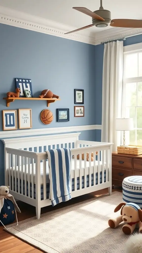 27+ Stunning Ralph Lauren Nursery Ideas for Your Little One 13 A Ralph Lauren inspired nursery for boys with blue walls, a white crib, and sports-themed decor.