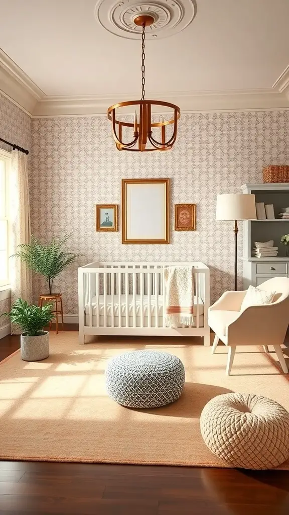 27+ Stunning Ralph Lauren Nursery Ideas for Your Little One 9 A chic nursery featuring a white crib, neutral-toned walls, textured poufs, and a cozy armchair.