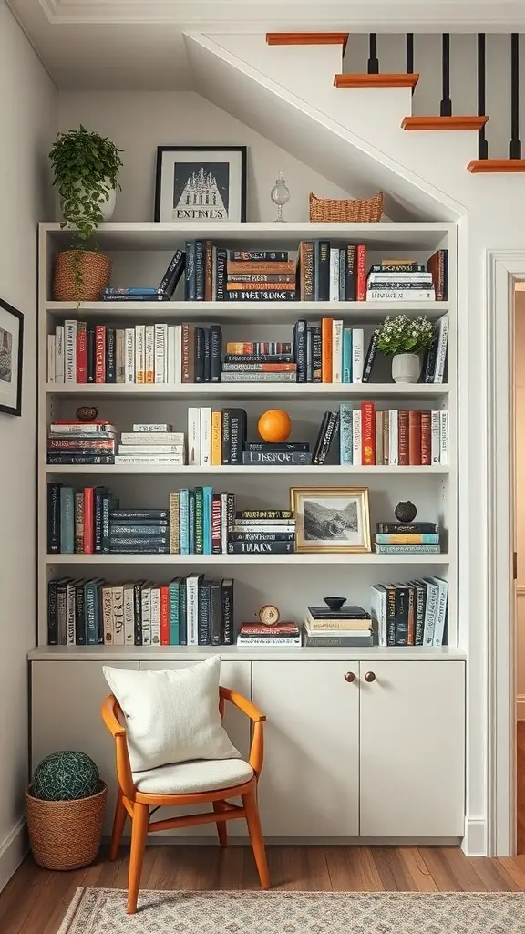 25+ Creative Under Stairs Storage Ideas for Every Home 10 Creative under stairs shelving solution with books, decor, and a chair