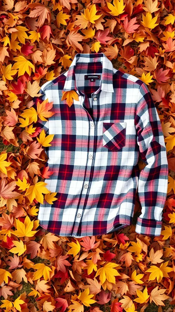 21+ Cozy Fall Mood Board Ideas for the Ultimate Autumn Vibe 8 A flannel shirt laid on colorful autumn leaves.