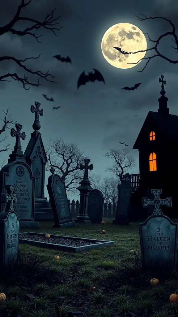 A spooky graveyard scene with tombstones, bats, and a full moon.