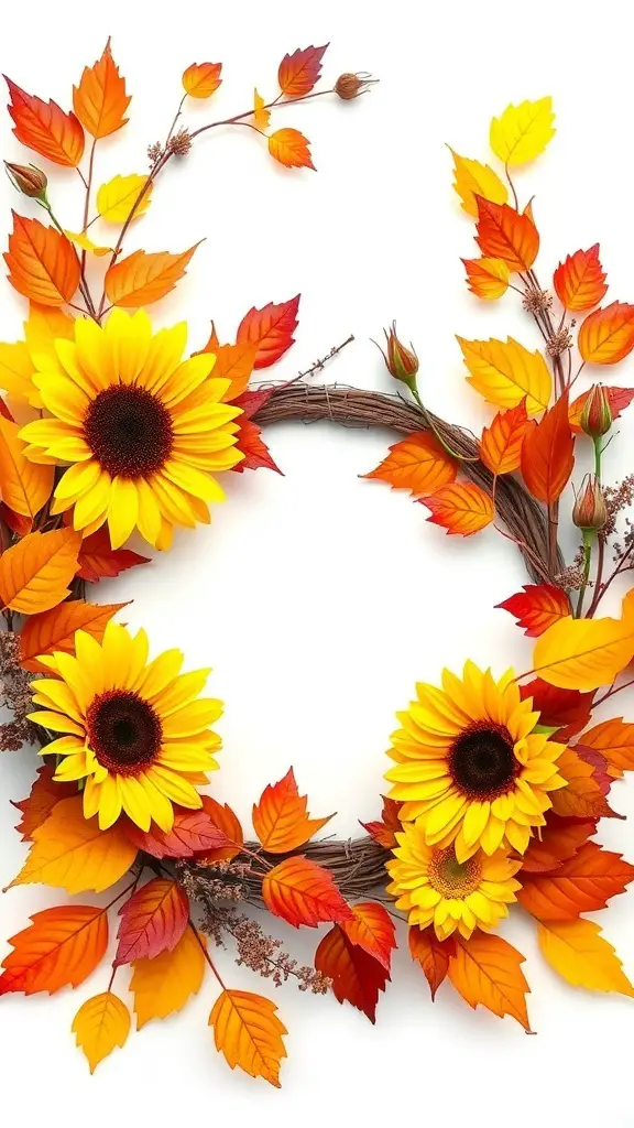 A fall floral wreath featuring sunflowers and autumn leaves.
