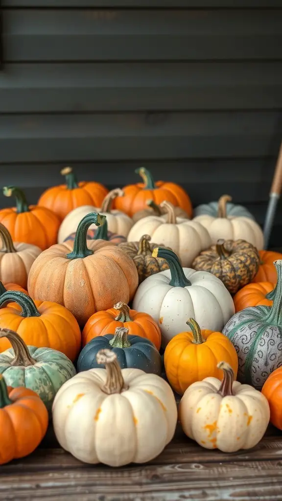 37+ Creative Indoor Fall Decorations You’ll Love 10 A variety of pumpkins in different colors and sizes arranged together.