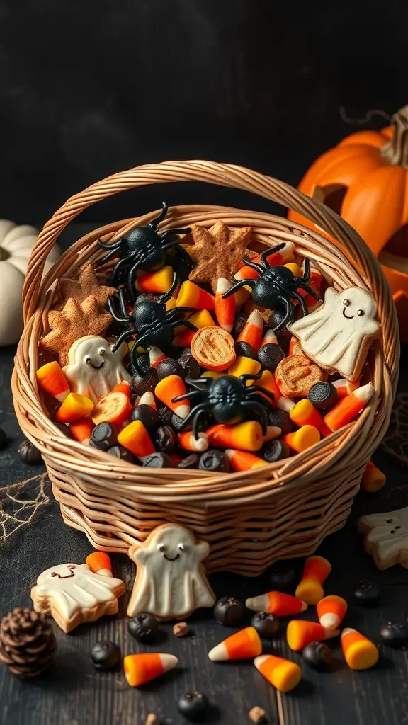 27+ Creative Boo Basket Ideas for a Spooktacular Surprise 7 A spooky snack basket filled with candy corn, chocolate spiders, and ghost-shaped cookies.