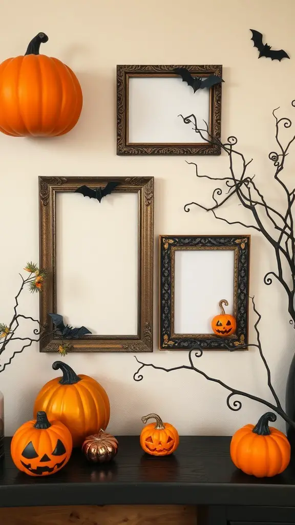 Halloween-themed picture frames with pumpkins and bats