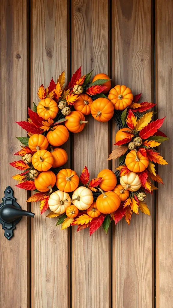 27+ Spooktacular Halloween Wreath Ideas to Enhance Your Decor 2 A colorful wreath made of orange and white pumpkins and autumn leaves on a wooden door.