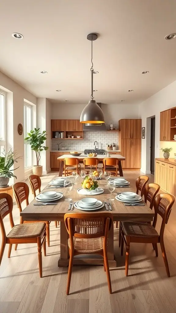 27+ Stunning Open Plan Kitchen Living Room Ideas to Transform Your Space 14 A spacious dining area with a wooden table set for a meal, surrounded by stylish chairs and natural light.