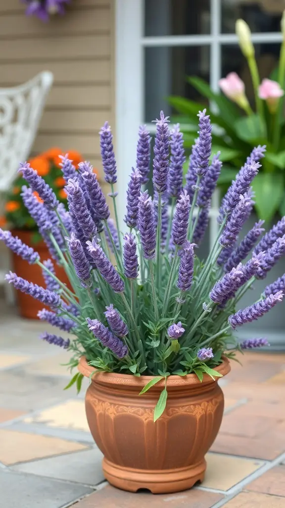 A pot of artificial lavender flowers in a decorative container, showcasing vibrant purple blooms.