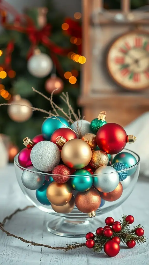 31+ Creative Christmas Centerpieces for Your Holiday Table 7 A bowl filled with colorful vintage Christmas ornaments, surrounded by festive decorations.