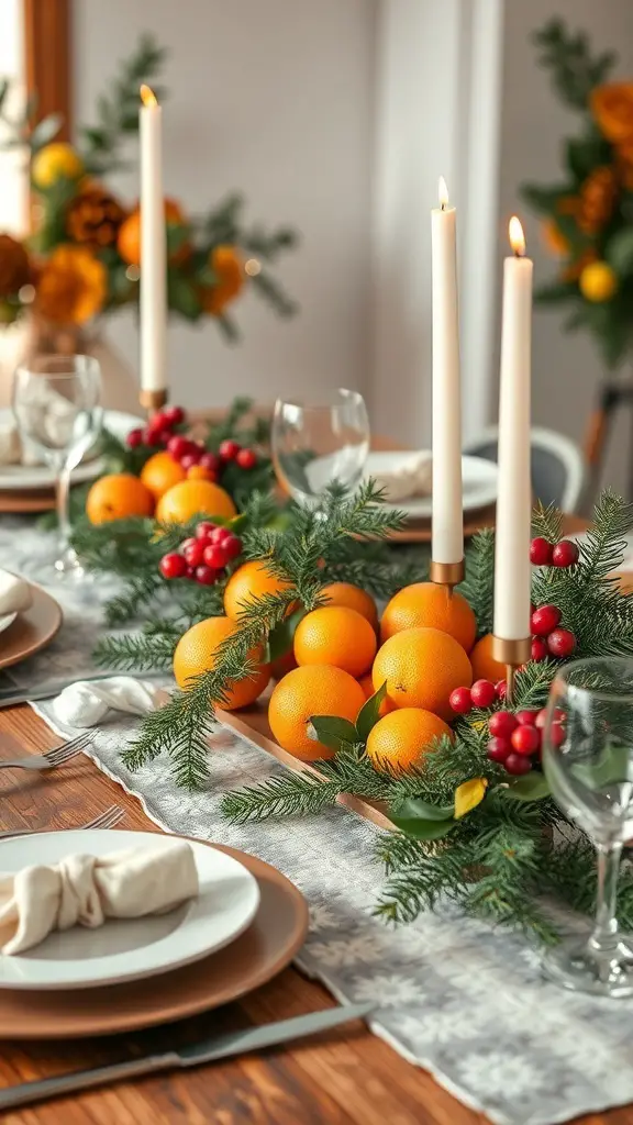 37+ Stunning Christmas Table Decorations You'll Love 7 A Christmas table decorated with oranges, greenery, and candles.