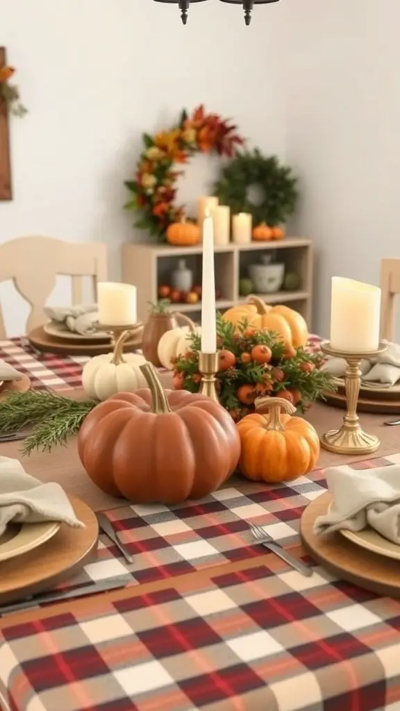 A beautifully set harvest-themed table with pumpkins, candles, and a plaid tablecloth.