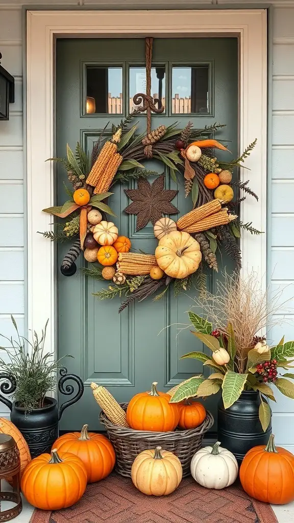 A beautiful harvest wreath with pumpkins and corn on a green door