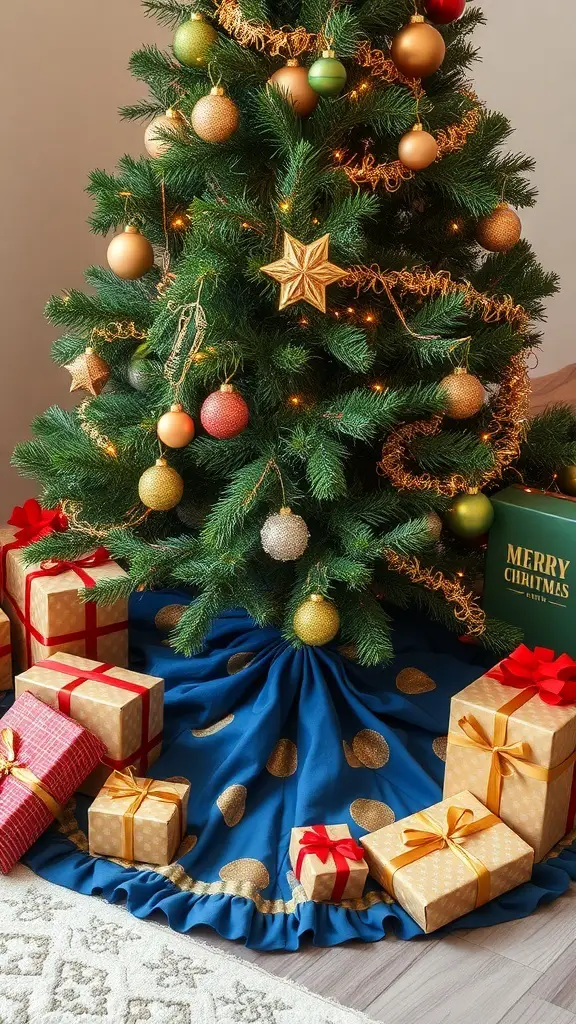 A blue and gold Christmas tree skirt with presents underneath a decorated tree