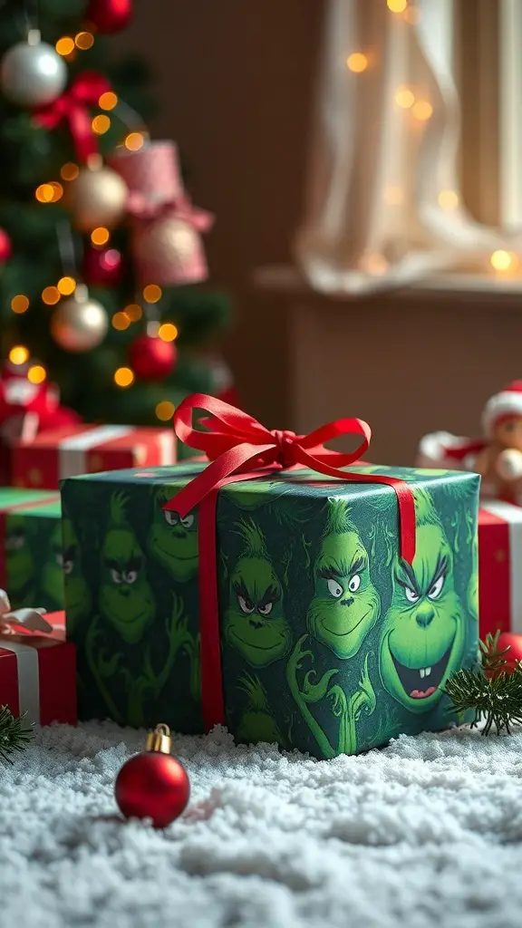 29+ Creative Dollar Tree Grinch Ideas to Spread Holiday Cheer 10 Grinch-themed wrapped gifts with red ribbons and holiday decorations
